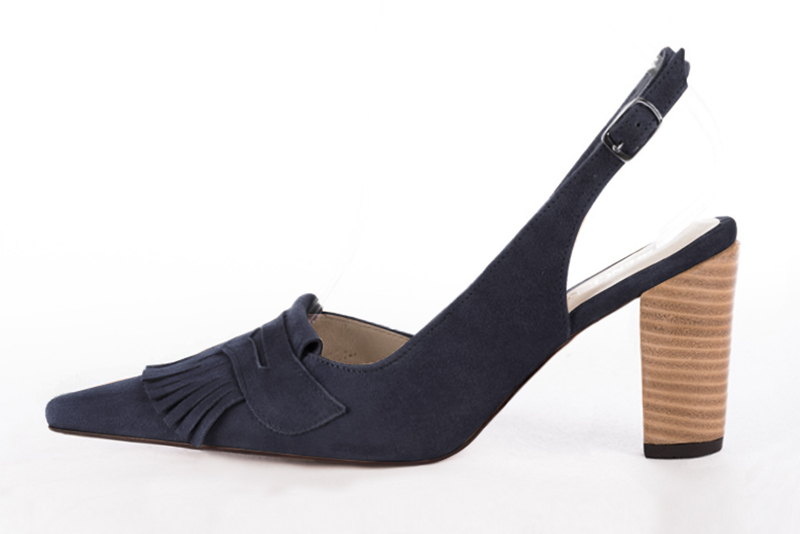 Navy blue women's slingback shoes. Pointed toe. High block heels. Profile view - Florence KOOIJMAN